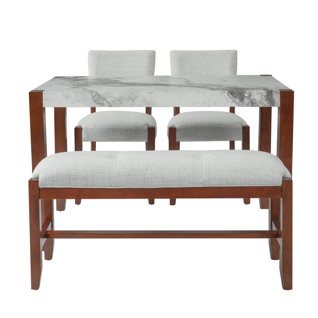 4-Piece Dining Set, 1 Marble-Look Table with 2 Upholstered Chairs and 1 Bench