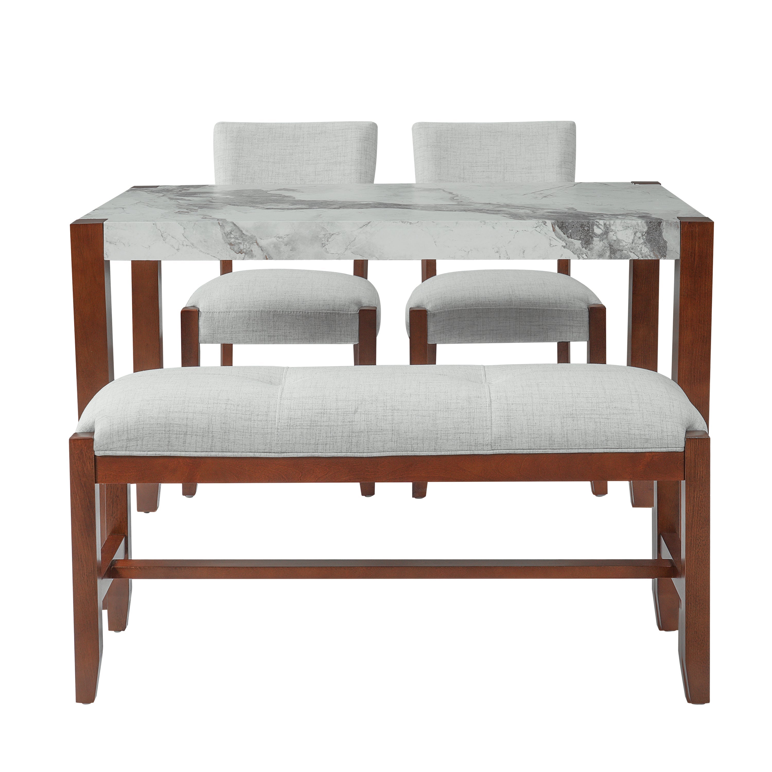 4-Piece Dining Set, 1 Marble-Look Table with 2 Upholstered Chairs and 1 Bench