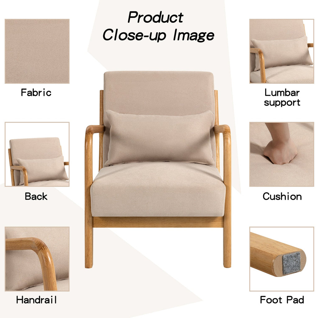 Accent Chair Mid-Century Linen Beige Solid Wood Arms and Legs 23x30x30 In
