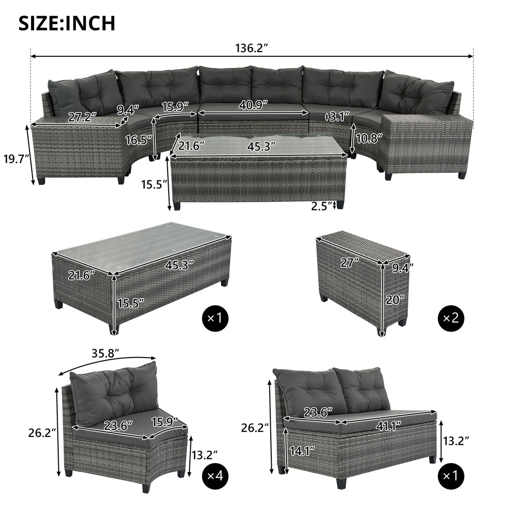 Outdoor Sectional Set PE Wicker Steel Gray Half Moon 8 Piece 250 LB