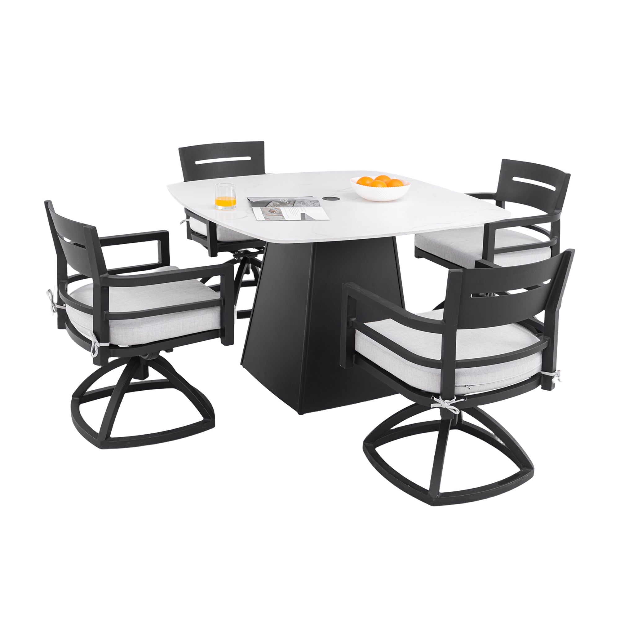 Outdoor Dining Set Aluminum Sintered Stone Black Squircle 5 Piece Swivel