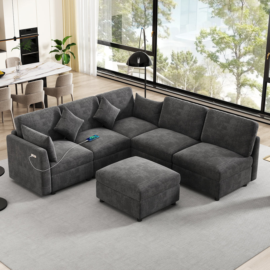 Sectional Sofa U-Shape Modular Chenille Black 5-Seat USB Ports 86.6x61.4 In