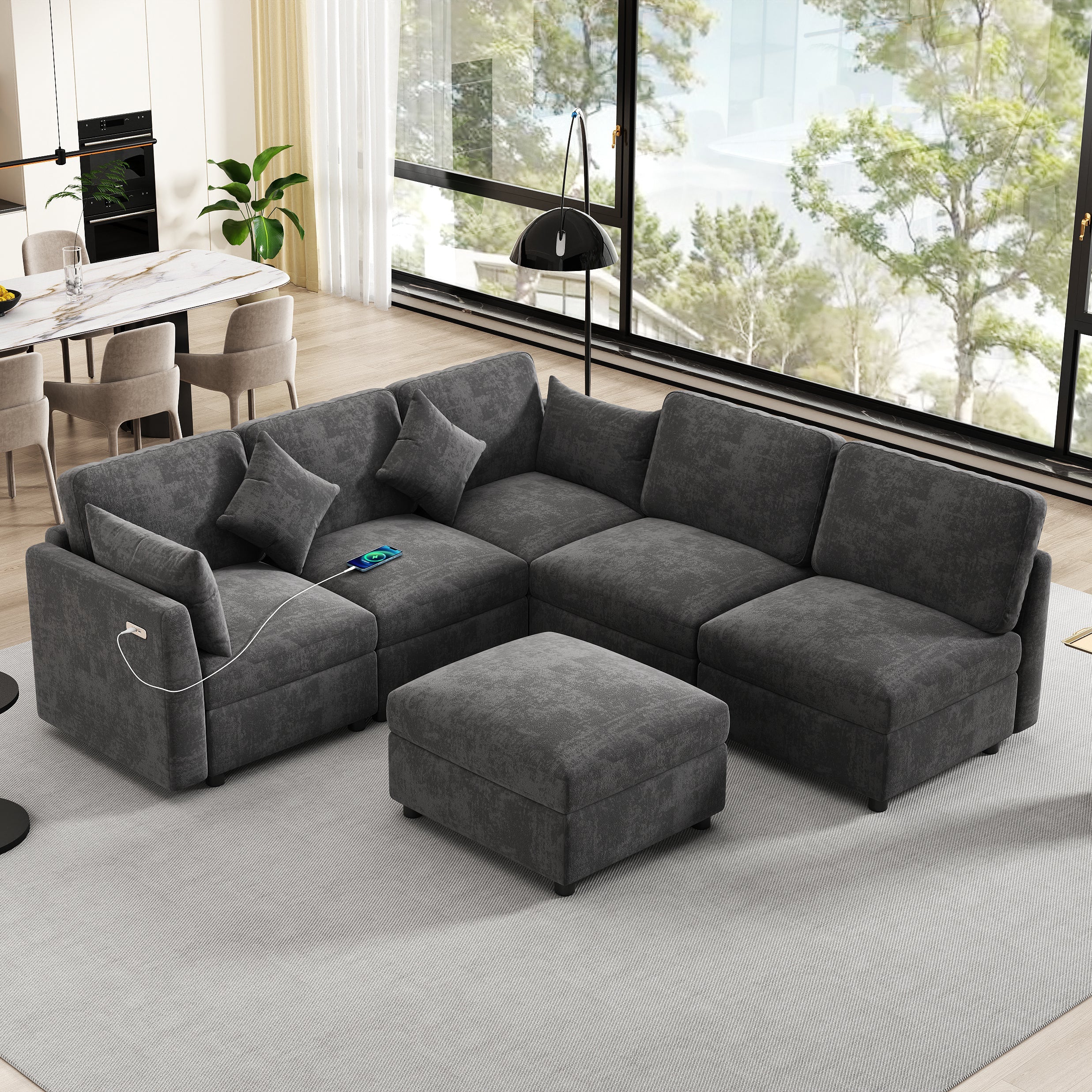 Sectional Sofa U-Shape Modular Chenille Black 5-Seat USB Ports 86.6x61.4 In
