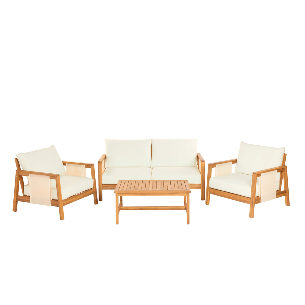 Outdoor Sofa Set Acacia Wood Textilene Teak Beige 4 Piece Seats 4