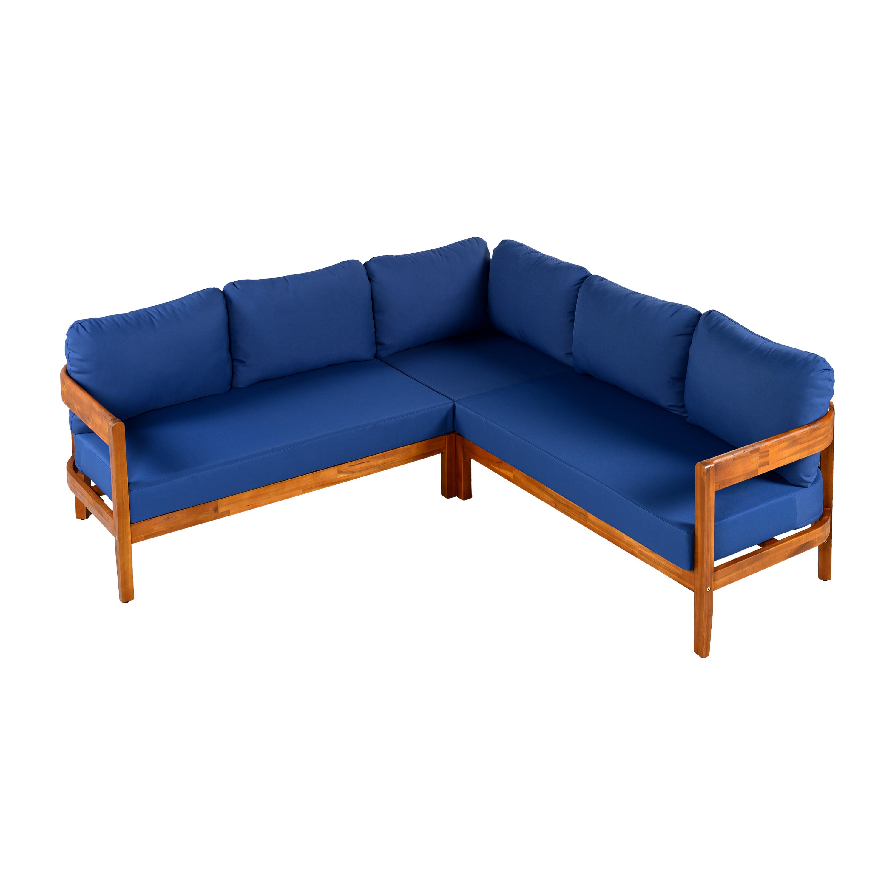Outdoor Sofa Set Acacia Wood Arc Frame Blue Cushions L-Shape 6 Piece