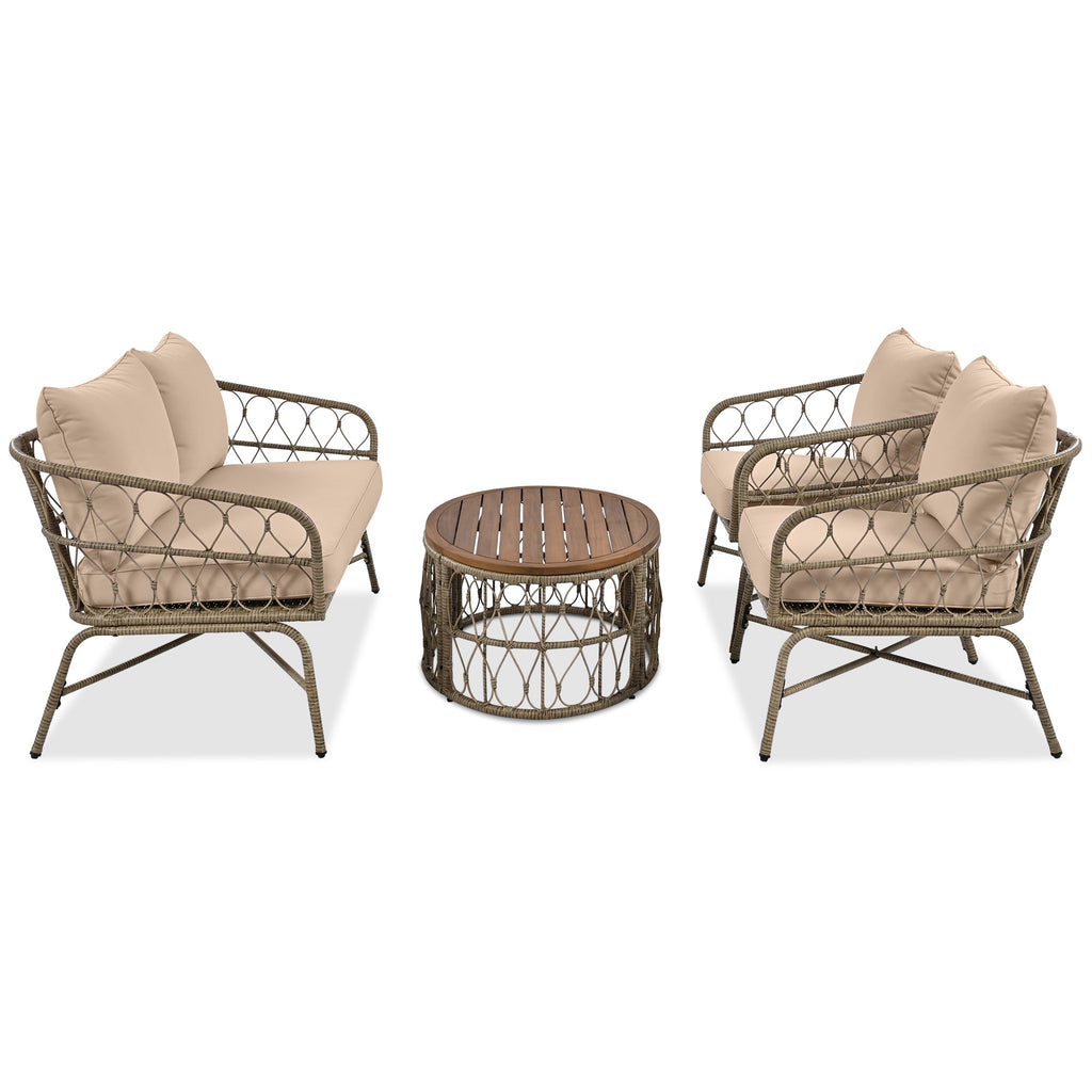 Outdoor Patio Set Wicker Boho Beige Cushion Oval Acacia Table 4 Piece