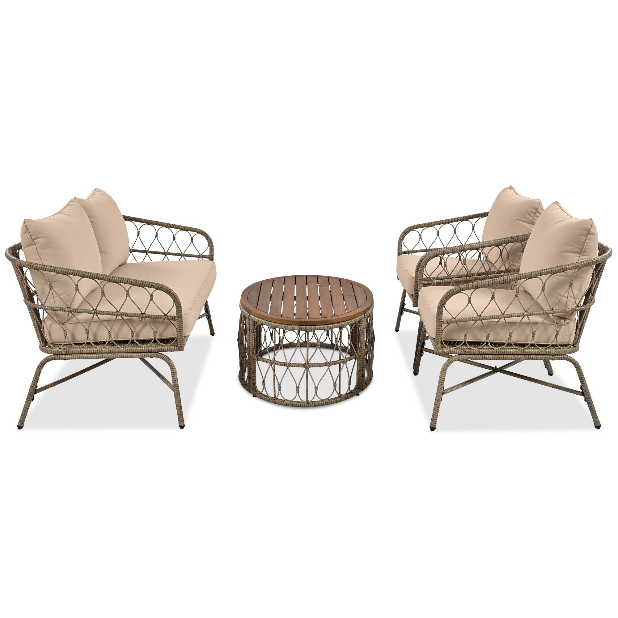Outdoor Patio Set Wicker Boho Beige Cushion Oval Acacia Table 4 Piece