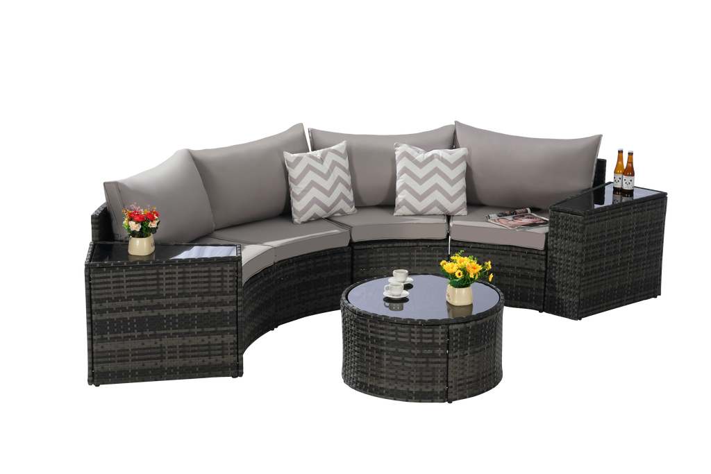Outdoor Sectional Set PE Rattan Steel Light Gray Half Moon 7 Piece 380 LB