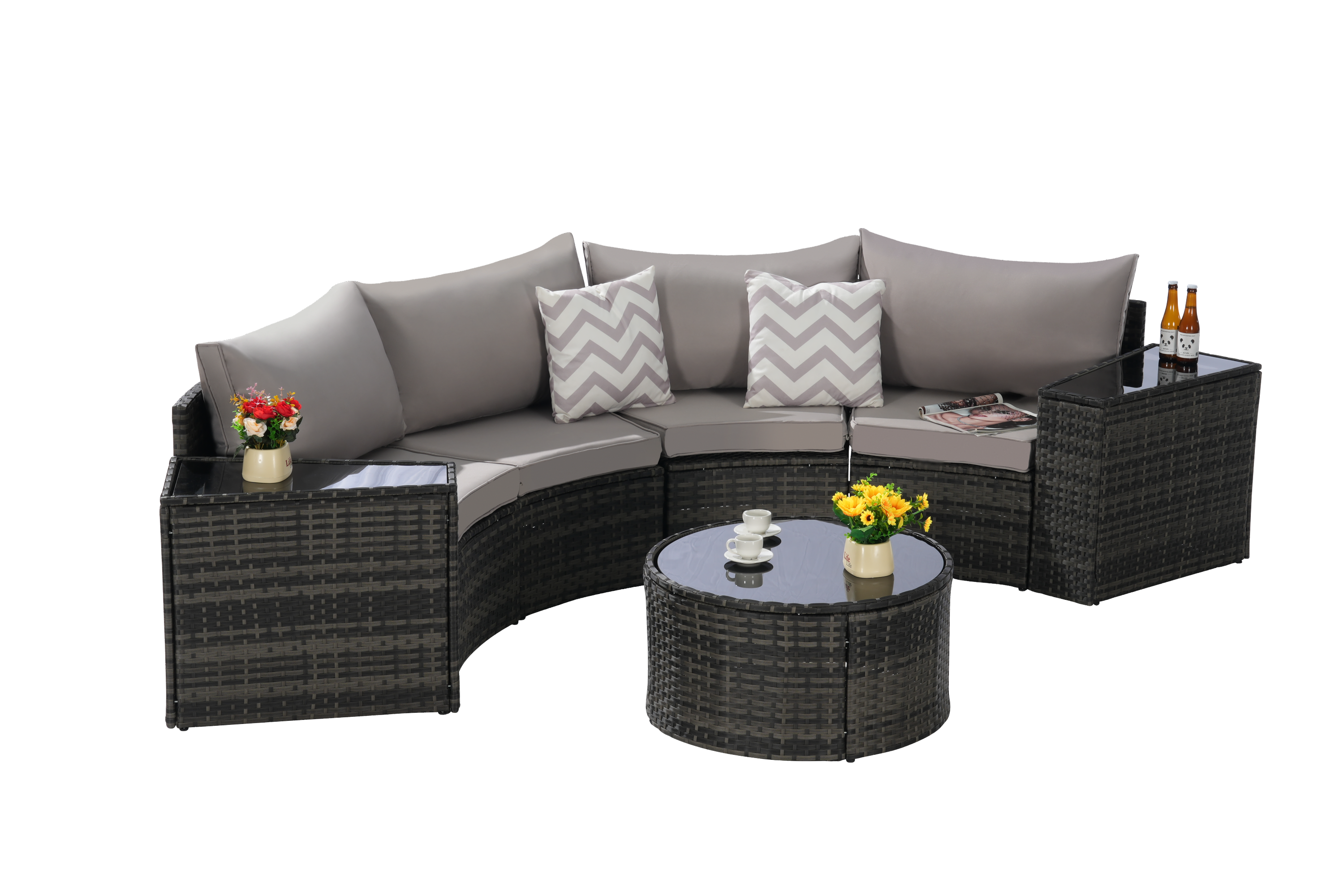 Outdoor Sectional Set PE Rattan Steel Light Gray Half Moon 7 Piece 380 LB