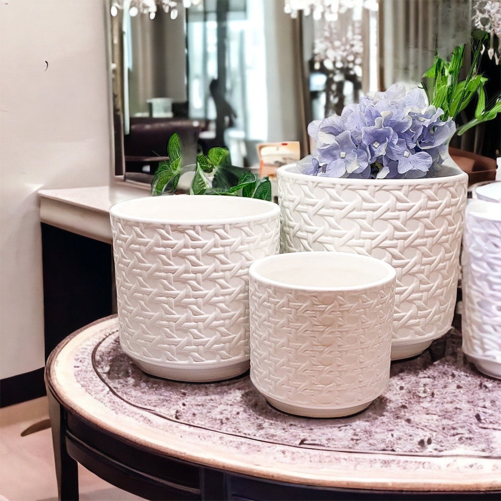 Ceramic Webbing Pattern Planters Embossed Cane Cement Pots Small Medium Large
