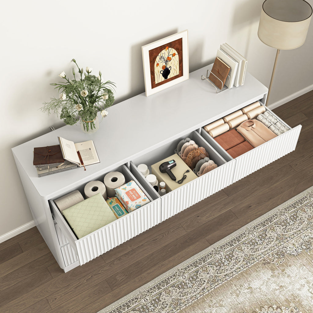 Dresser Mid-Century 9-Drawer White Wave No-Handle 59.1x15.7x31.6 In