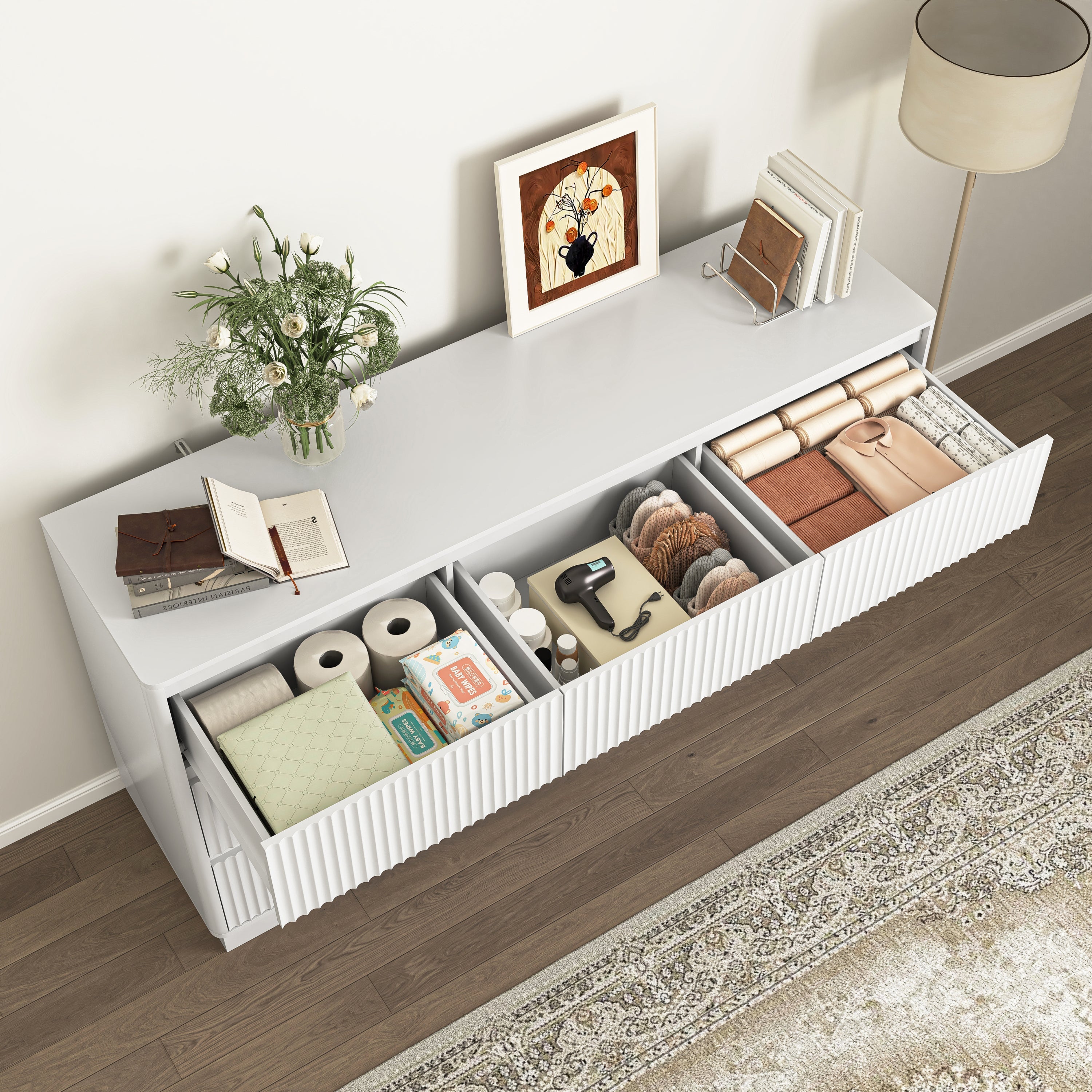 Dresser Mid-Century 9-Drawer White Wave No-Handle 59.1x15.7x31.6 In
