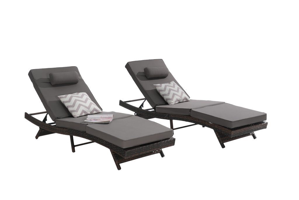 Outdoor Reclining Lounge Chair PE Rattan Dark Gray Set of 2