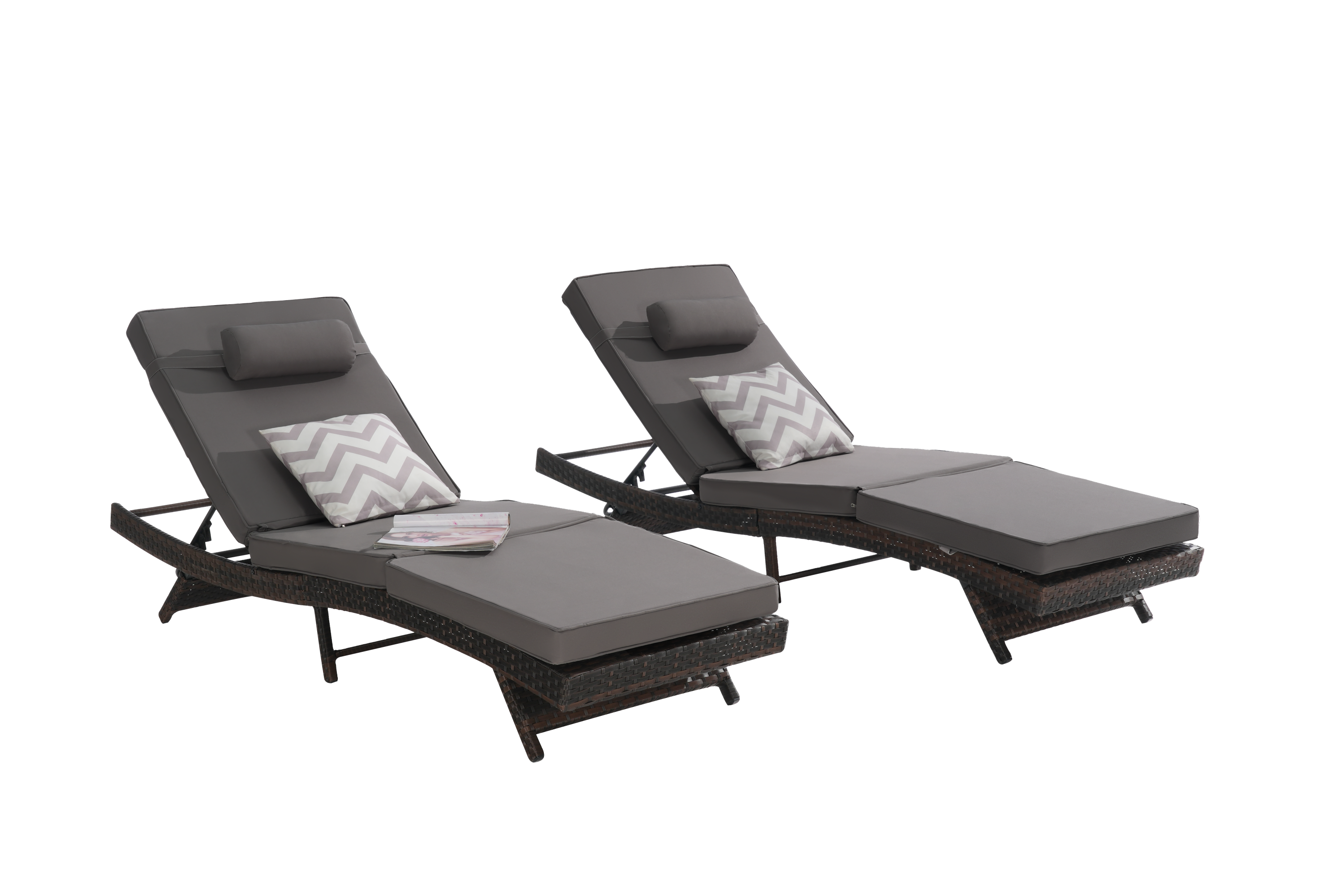 Outdoor Reclining Lounge Chair PE Rattan Dark Gray Set of 2