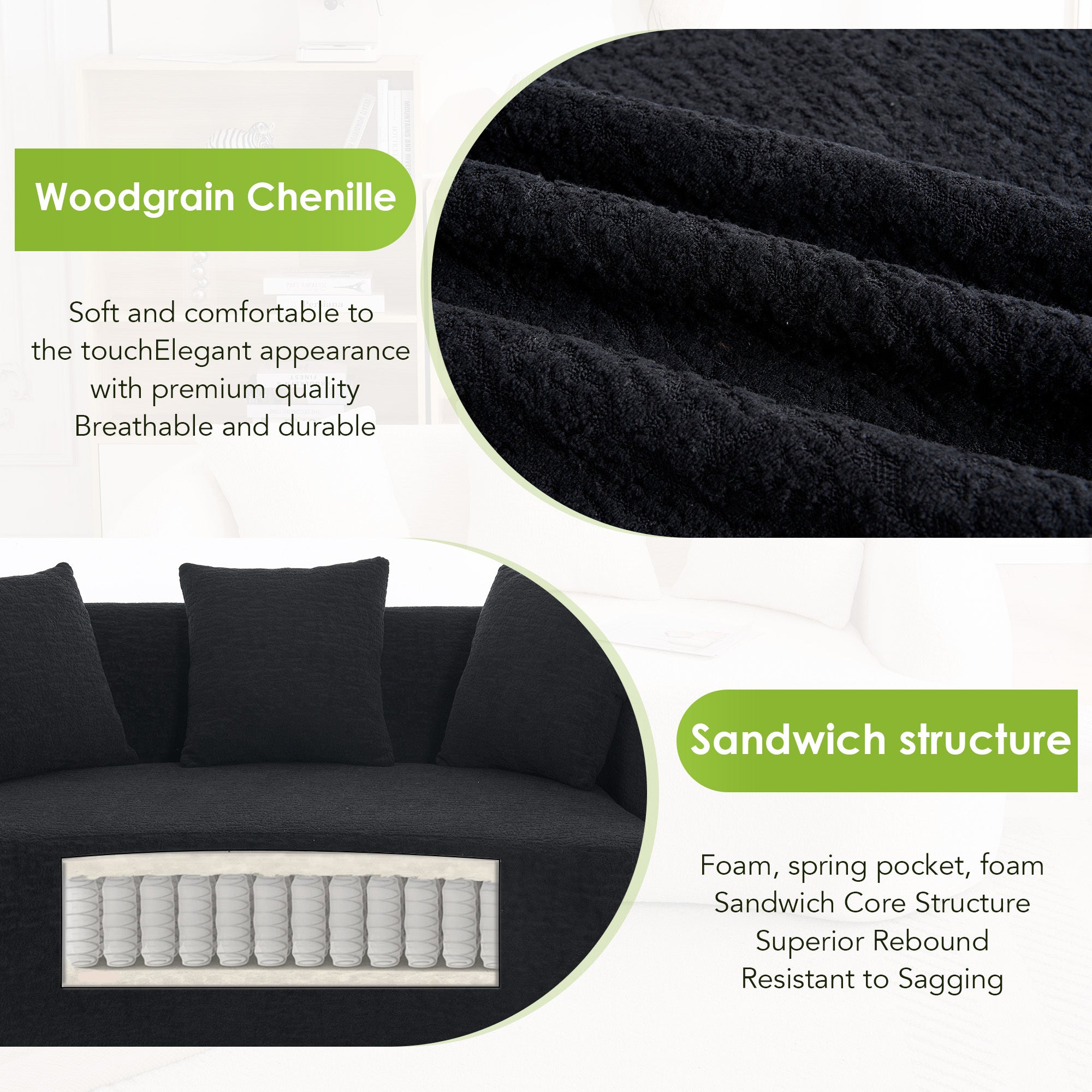 Sectional Sofa L-Shape Curved Chaise Chenille Black 5 Seat 106 In