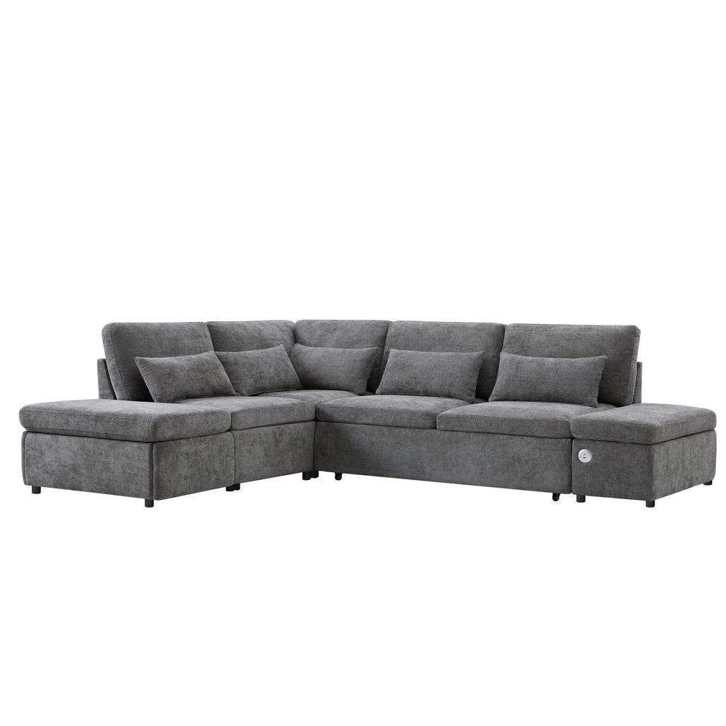 Sofa Bed L-Shape Chenille Gray 6 Seat Pull-Out USB Ports 107 In