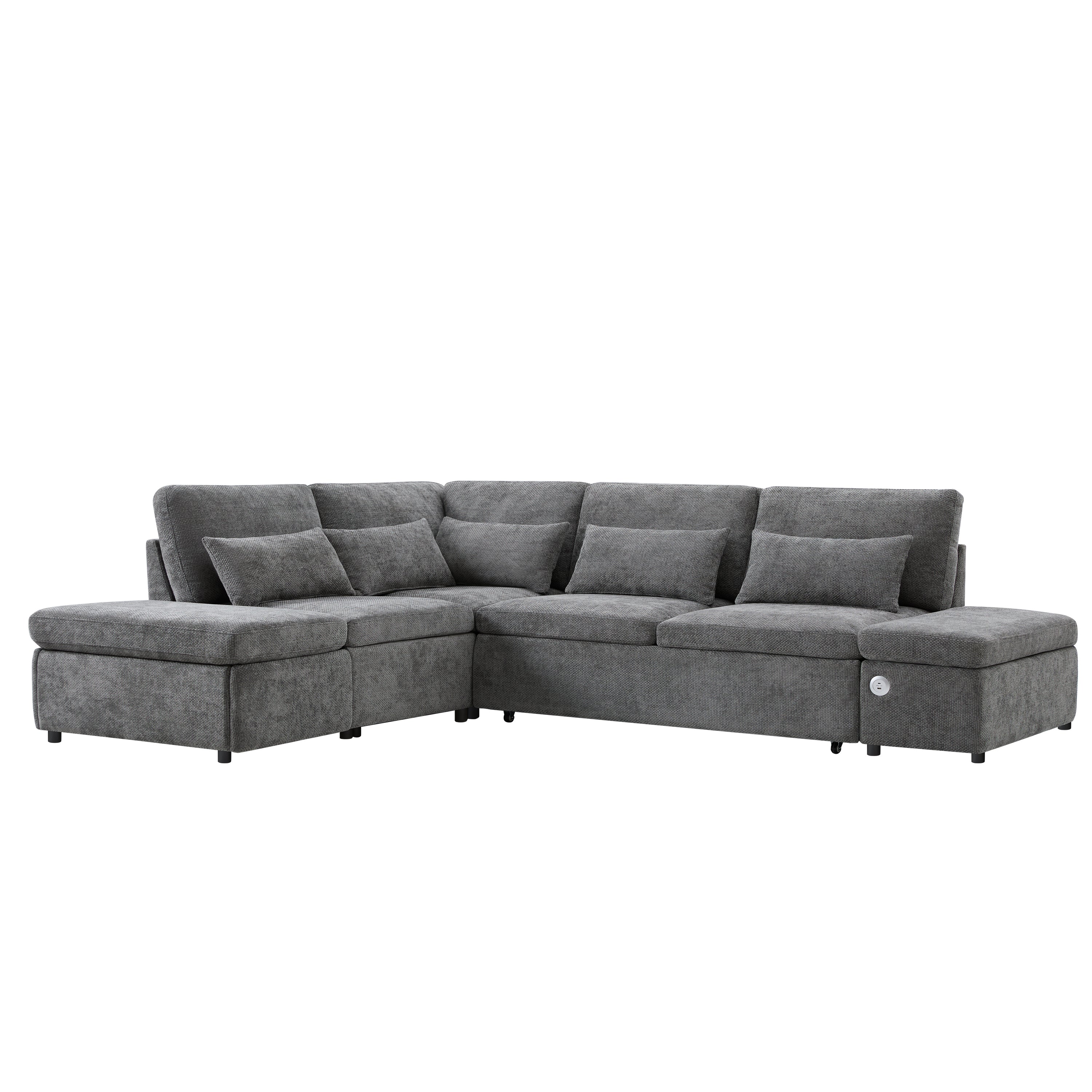 Sofa Bed L-Shape Chenille Gray 6 Seat Pull-Out USB Ports 107 In