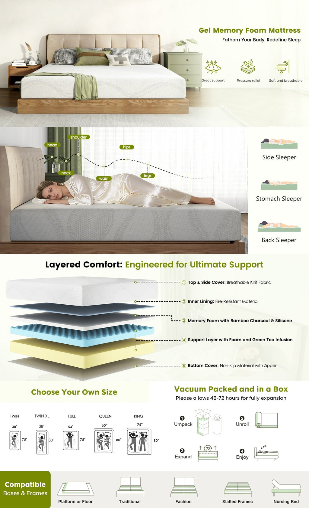 Mattress Memory Foam White King 14in Cooling Gel Washable Cover
