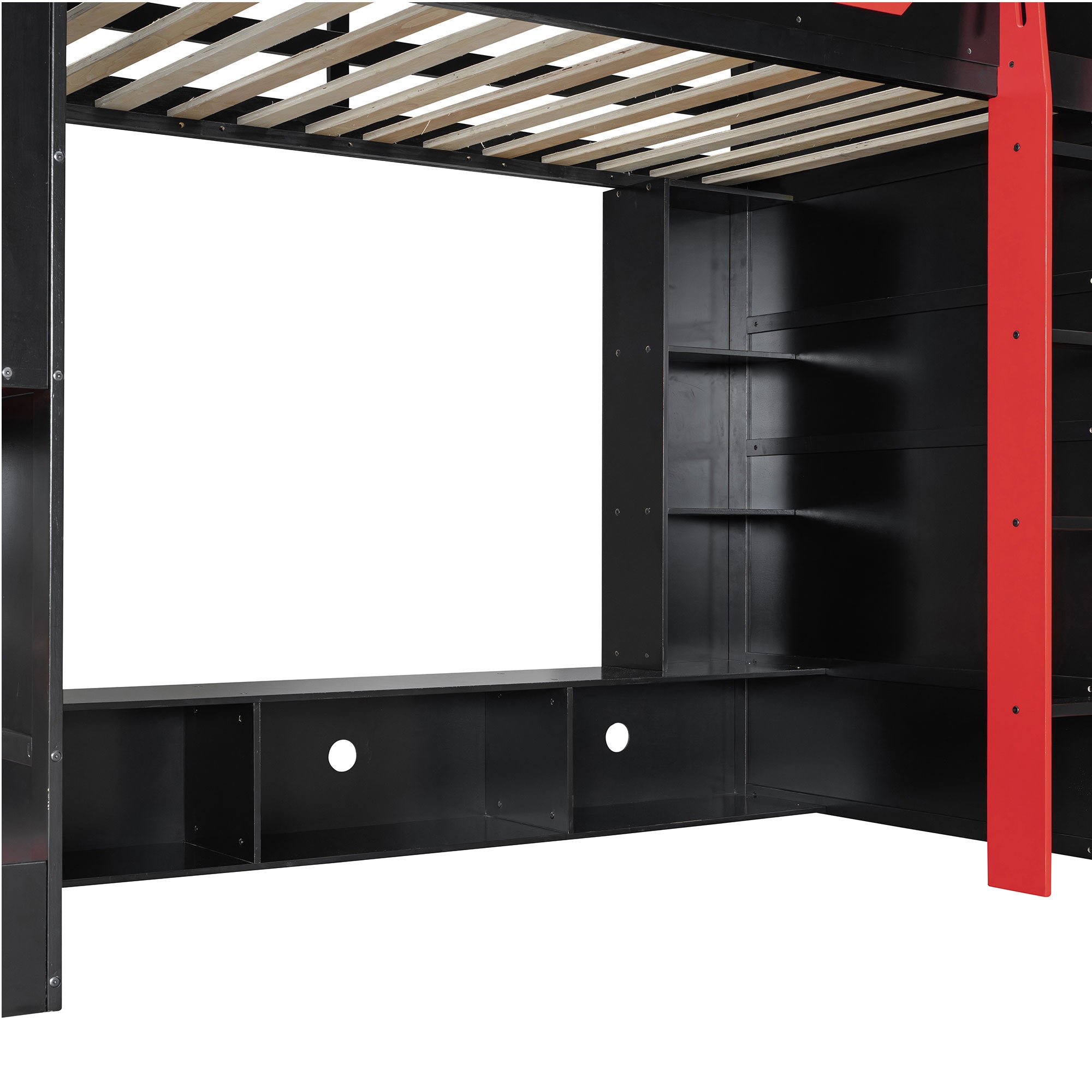 Twin Size Wood Loft Bed with Desk, Multi-storage Shelves and RGB Light, Red