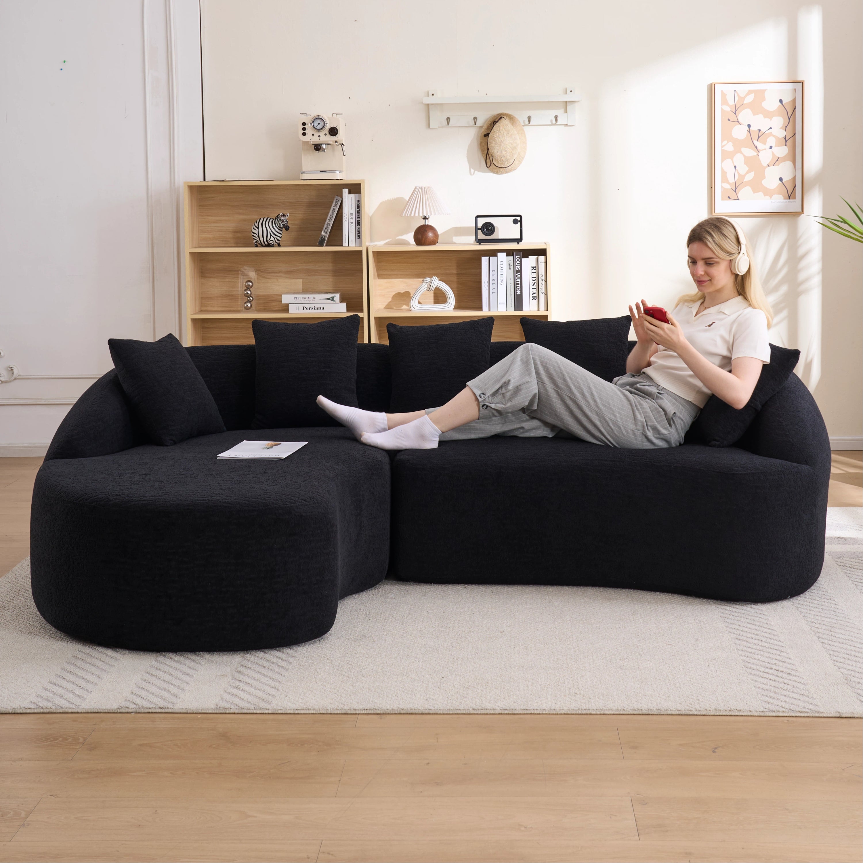 Sectional Sofa L-Shape Curved Chaise Chenille Black 5 Seat 106 In