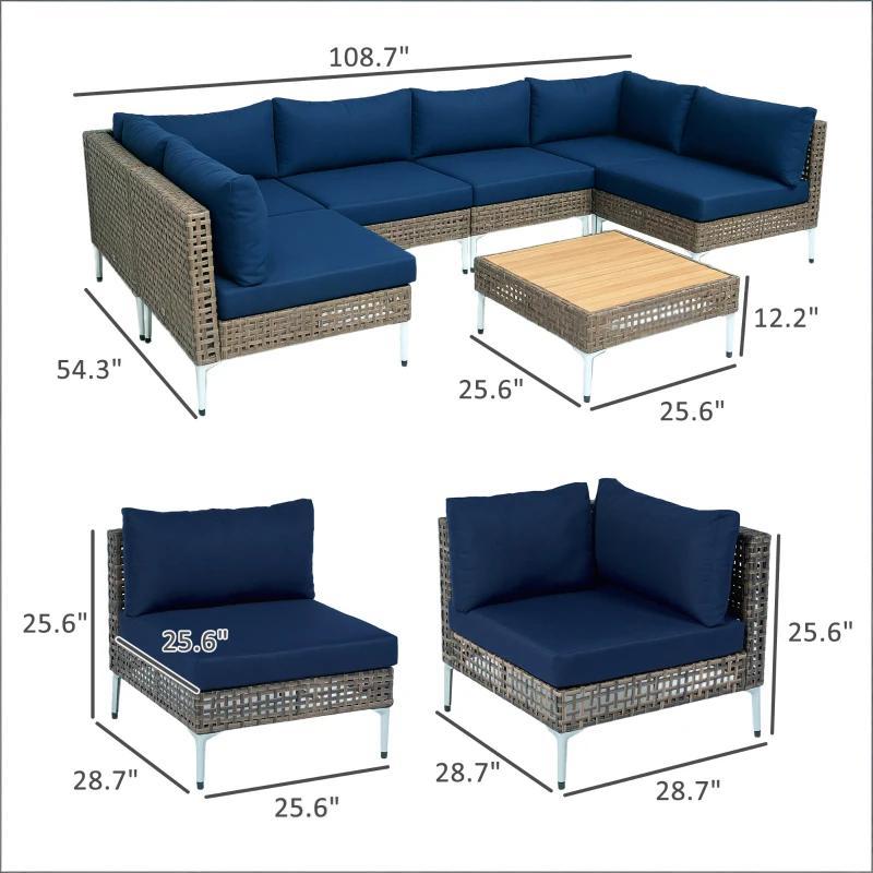 Outdoor Sectional Set Wicker Steel Acacia Wood Brown 7 Piece 352 LB