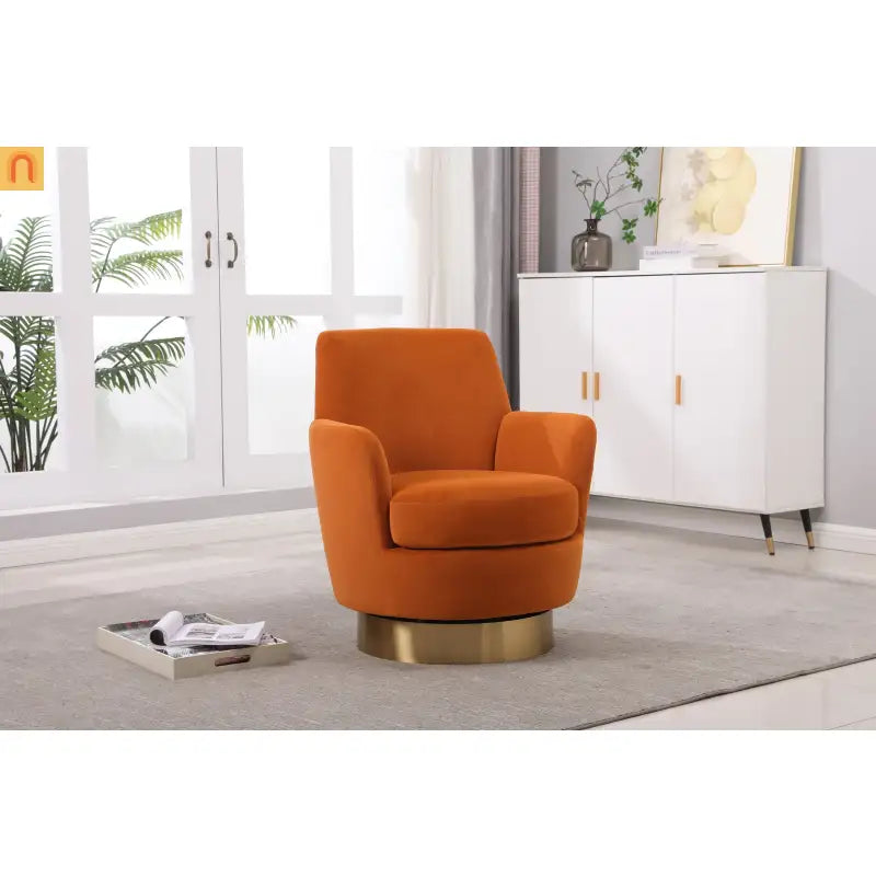 Accent Chair Barrel Swivel Velvet Orange Gold Base 300 lb 29in