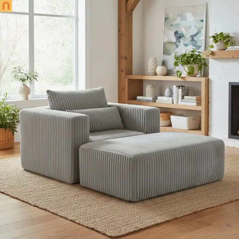 Chair Boucle Corduroy Smoke Gray with Ottoman No Assembly