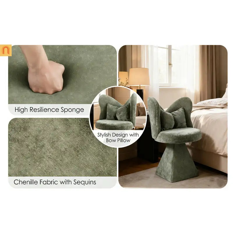 Accent Chair Swivel Butterfly Back Green Chenille 360 Degree