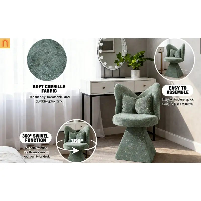 Accent Chair Swivel Butterfly Back Green Chenille 360 Degree