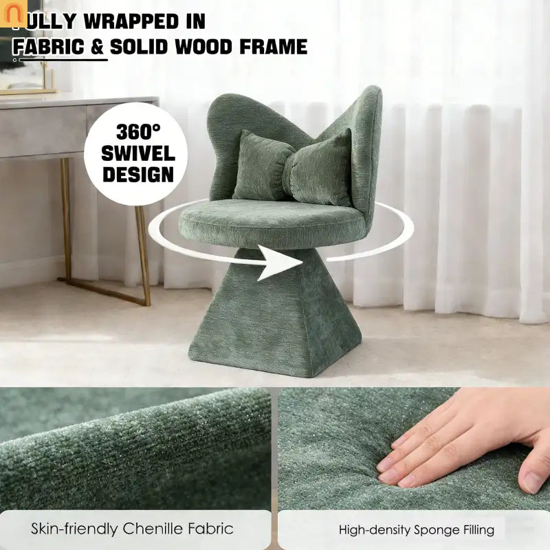Accent Chair Swivel Butterfly Back Green Chenille 360 Degree