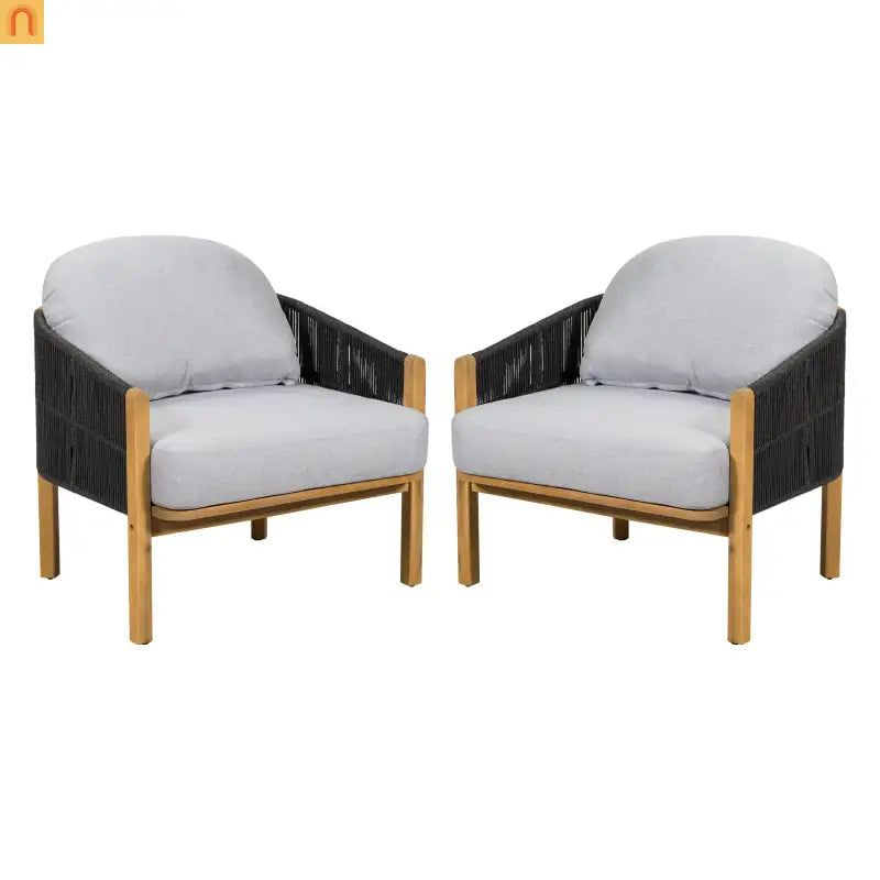 Outdoor Club Chair Acacia Wood Rope Woven Gray Cushion Set of 2