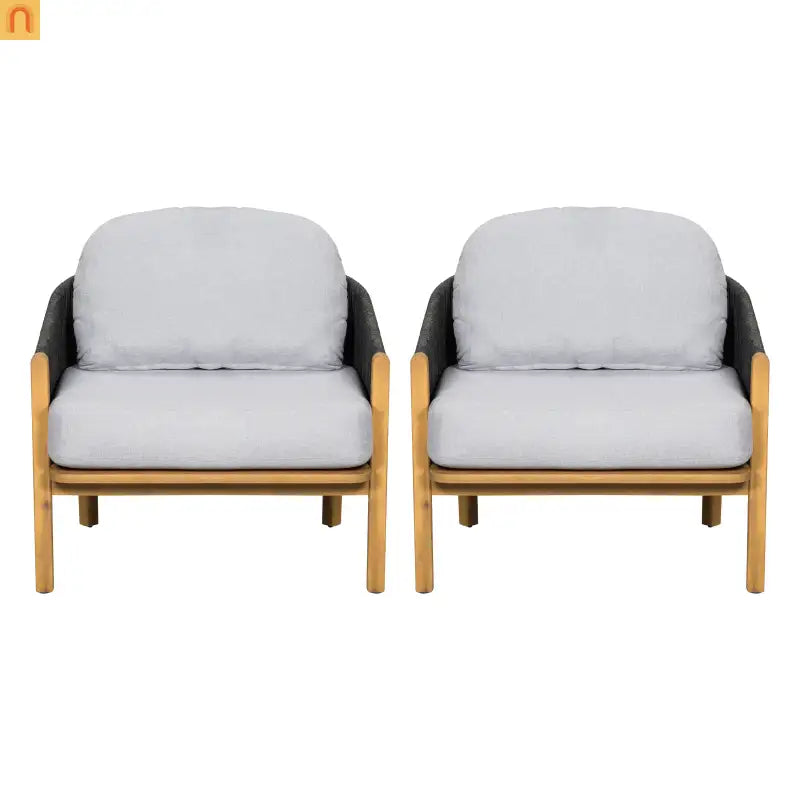 Outdoor Club Chair Acacia Wood Rope Woven Gray Cushion Set of 2