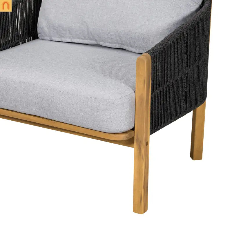Outdoor Club Chair Acacia Wood Rope Woven Gray Cushion Set of 2
