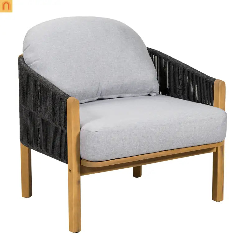 Outdoor Club Chair Acacia Wood Rope Woven Gray Cushion Set of 2