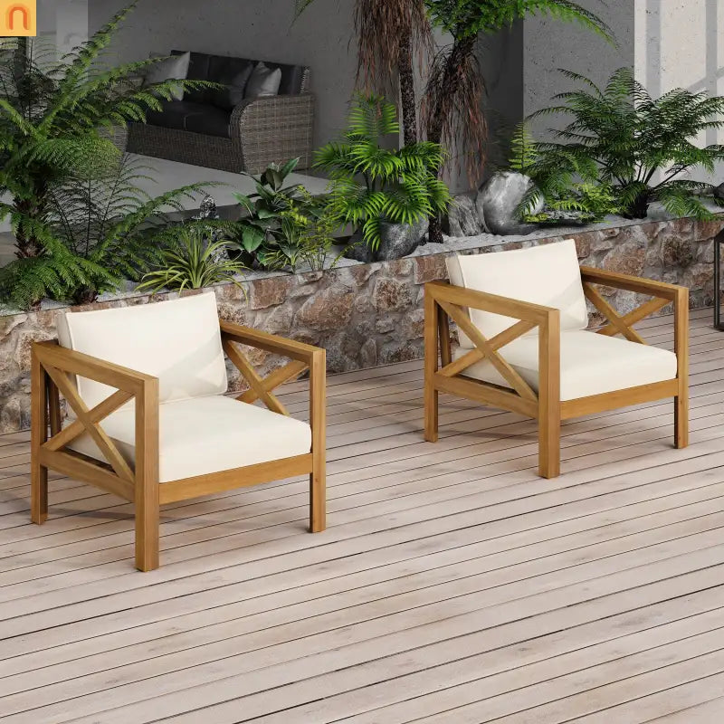 Outdoor Club Chair Set Acacia Wood Beige Cushions 2pc