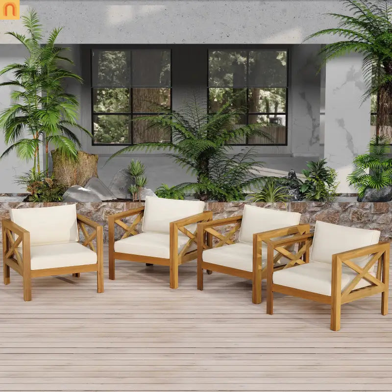 Outdoor Club Chair Set Acacia Wood Beige Cushions 2pc