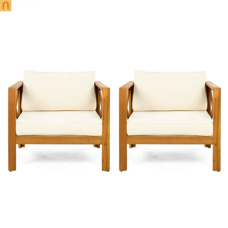 Outdoor Club Chair Set Acacia Wood Beige Cushions 2pc