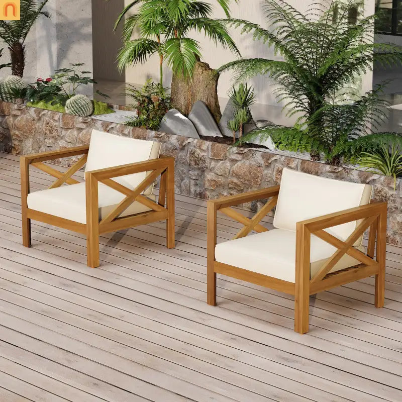 Outdoor Club Chair Set Acacia Wood Beige Cushions 2pc