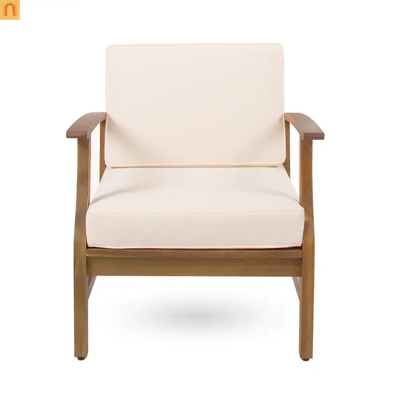 Outdoor Club Chair Acacia Wood Cream Cushion 400 lb Cap 28.25in