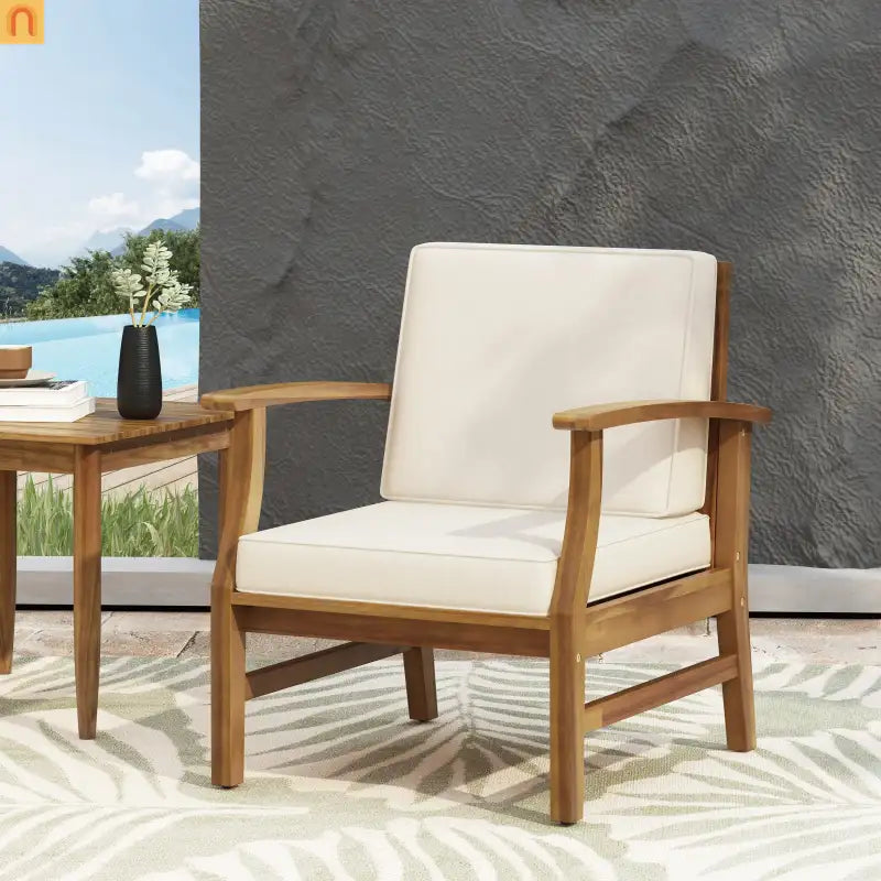 Outdoor Club Chair Acacia Wood Cream Cushion 400 lb Cap 28.25in