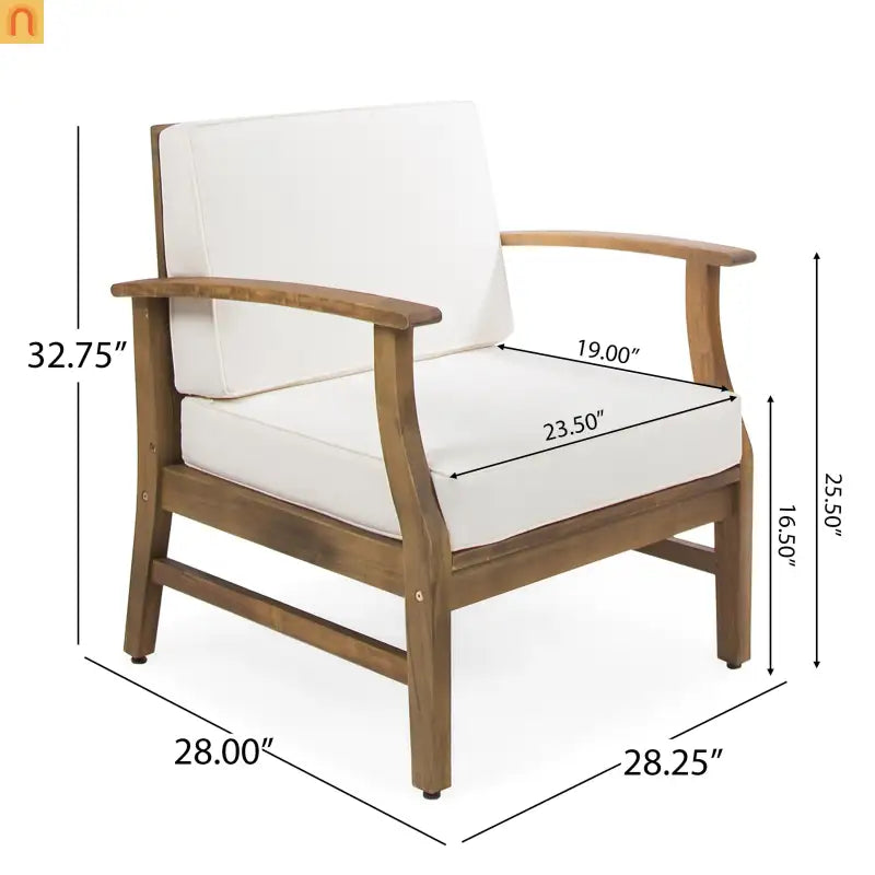 Outdoor Club Chair Acacia Wood Cream Cushion 400 lb Cap 28.25in