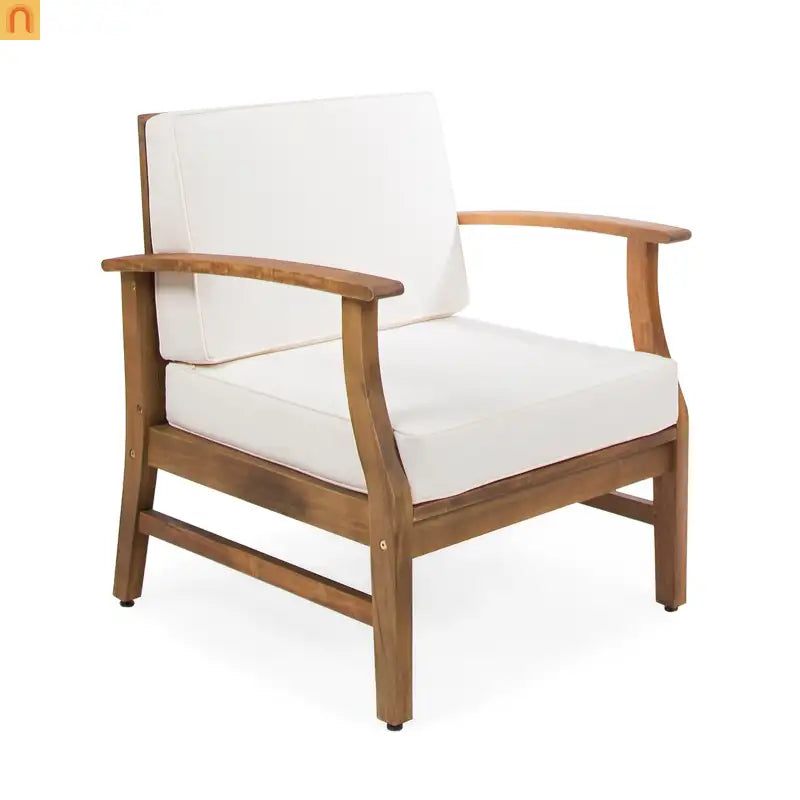 Outdoor Club Chair Acacia Wood Cream Cushion 400 lb Cap 28.25in