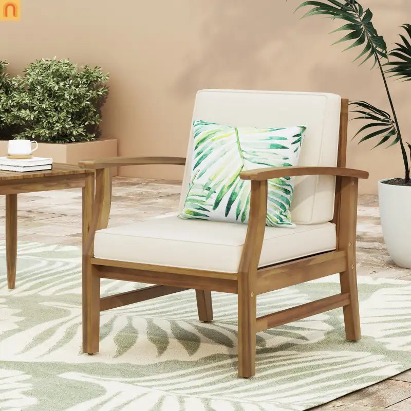 Outdoor Club Chair Acacia Wood Cream Cushion 400 lb Cap 28.25in