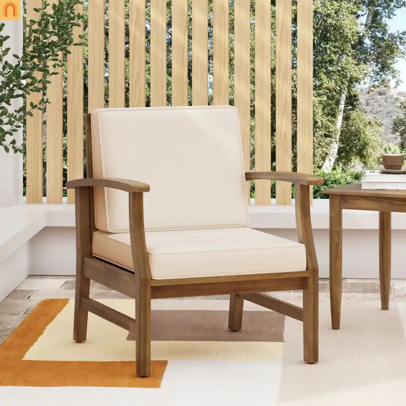 Outdoor Club Chair Acacia Wood Cream Cushion 400 lb Cap 28.25in