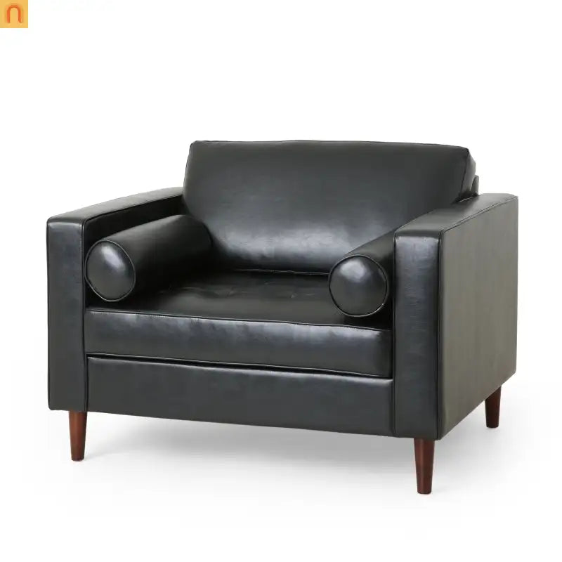 Accent Chair PU Leather Black Birch Wood Legs 44in Wide