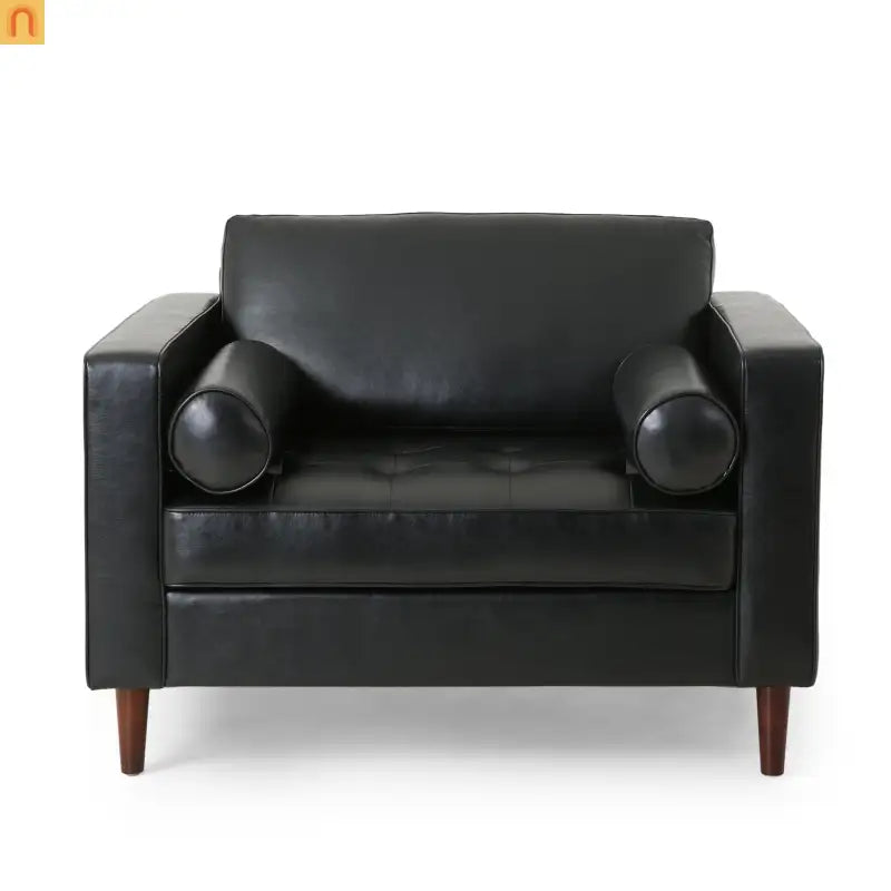 Accent Chair PU Leather Black Birch Wood Legs 44in Wide