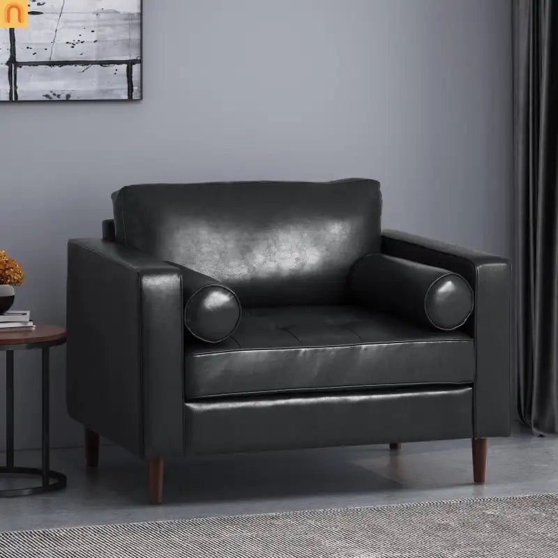 Accent Chair PU Leather Black Birch Wood Legs 44in Wide