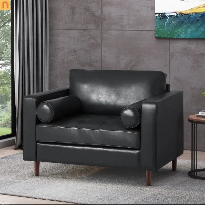 Accent Chair PU Leather Black Birch Wood Legs 44in Wide