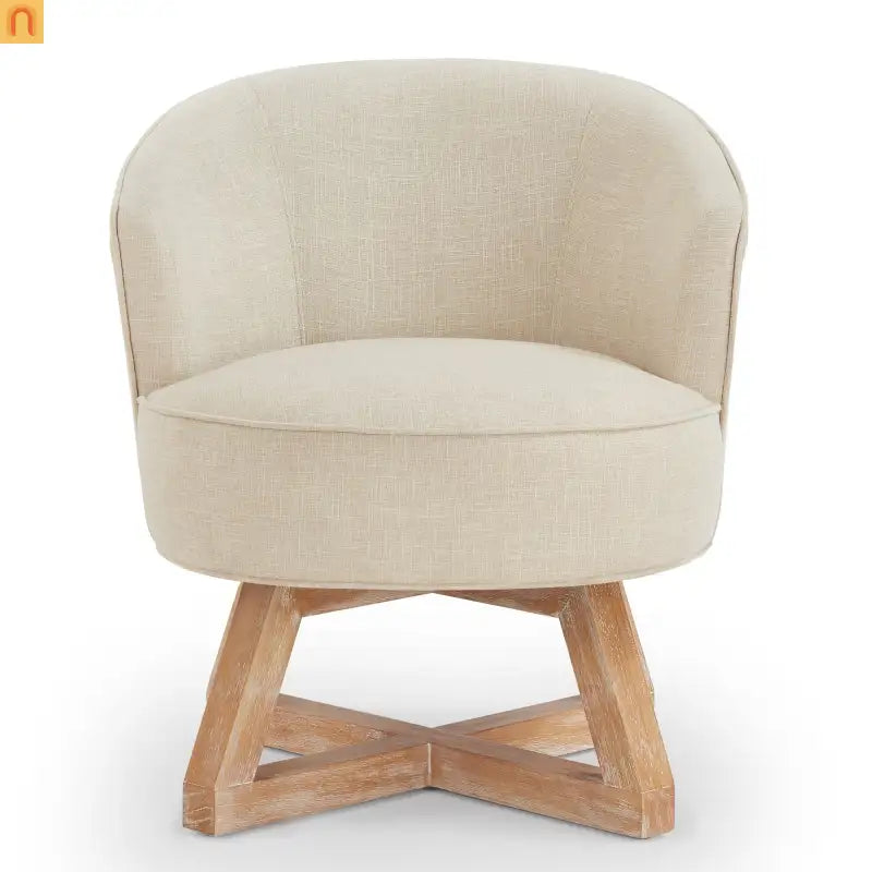 Accent Chair Swivel Linen Beige Cross Wood Base 360 Degree 27in