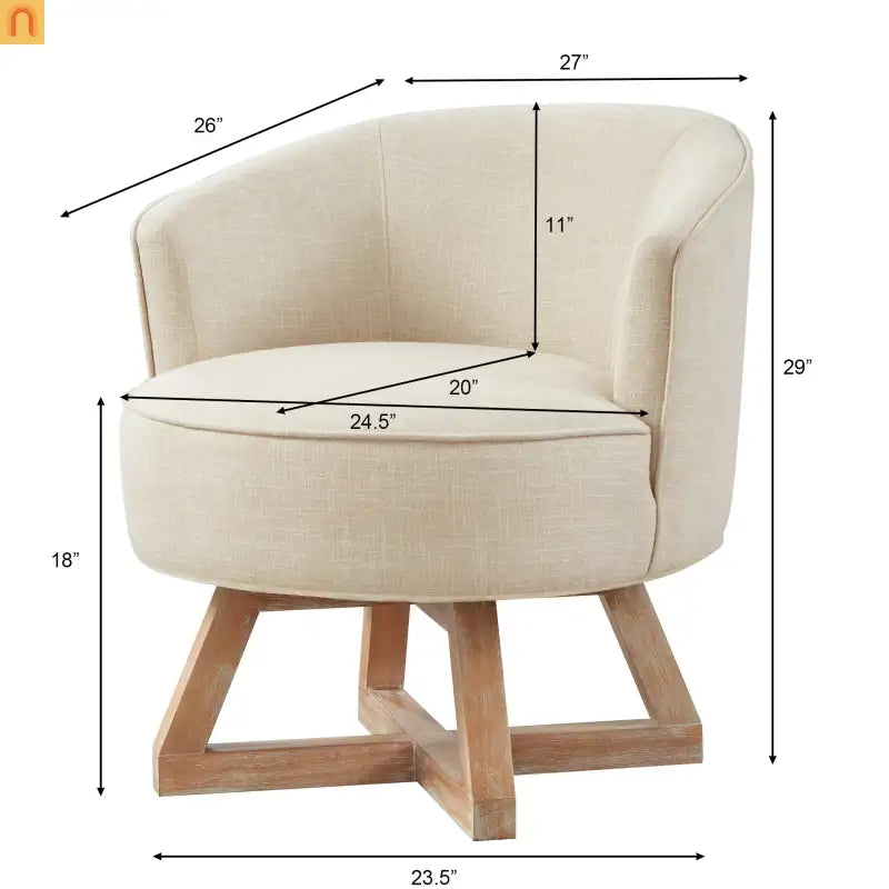 Accent Chair Swivel Linen Beige Cross Wood Base 360 Degree 27in